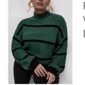 SHEIN Green and Black Striped Turtleneck Sweater